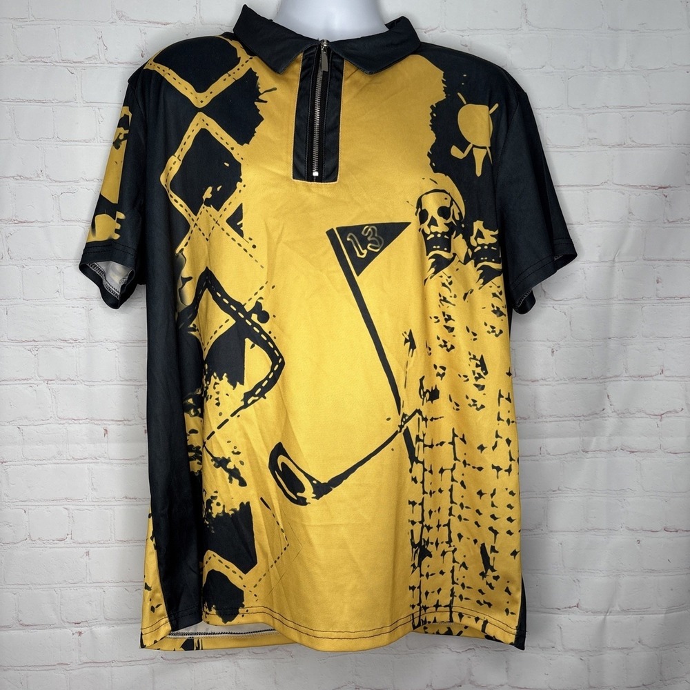 Vintage Style Skull Dice Graphic Zip‎ Polo Shirt XXL Bowling Rockabilly Y2K Vib